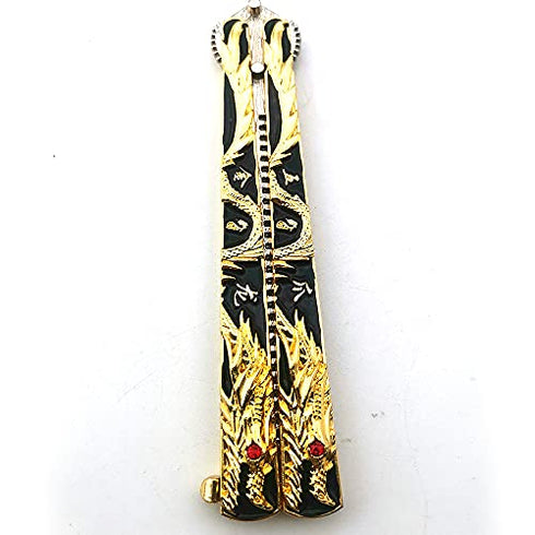 WANLIAN Dragon Butterfly Comb Trainer-Balisong Comb,Butterfly Comb Stainless Steel Folding Training Practice Combs Hair Styling Tools for Sport Outdoor Use (Black gold dragon)