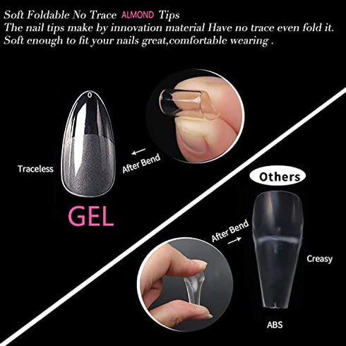 UNA GELLA Almond Fake Nails 500pcs Almond Press on Nails Pre-shape Almond Gel Nail Tips for Full Cover Acrylic Almond Nails French False Nails For Nail Extension Nail Art, Home DIY Nail Salon 12 Sizes False Gelly Tips