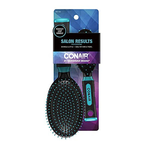 Conair Salon Results Hairbrush, 1 Travel Hairbrush and 1 Full-Sized Brush Included, Hairbrushes for Women and Men, Color May Vary, 2 Pack