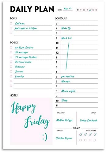 Daily Planner Notepad - A5 Calendar, Scheduler, Organizer with Priority, To Do List, Appointments, Notes, Meals and Water Intake Tracker, 50 Undated Tear-Off Sheets Planning Pad, 5.8"x8.25"