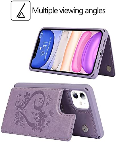 Jaorty for iPhone 11 Wallet Case with RFID Blocking Card Holder for Girls Women,Premium PU Leather Magnetic Buttons Stand Flip Wrist Strap Case for iPhone 11 6.1 Inch,Heart Purple
