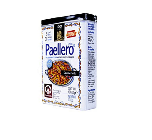 Carmencita. Paellero Paella Seasoning with Saffron (5 sackets) in metallic Tin. 20g (0.71oz)