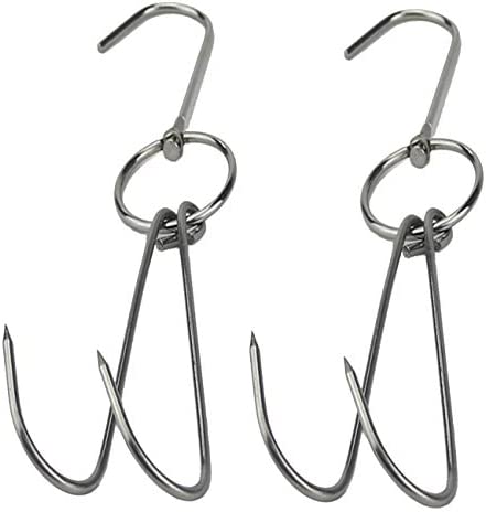 Tinsow 2pcs Stainless Steel Double Hooks + 3pcs S-Hooks for Bacon Hams Meat Processing Butcher Hook Hanging Drying BBQ Grill Cooking Smoker Hook Tool