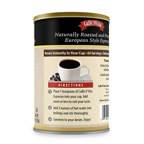 Caffe D’Vita Espresso Coffee - Espresso Powder, Coffee Espresso, Keto Coffee, Gluten Free, No Cholesterol, No Hydrogenated Oils, No Trans Fat, Kosher-Dairy, Instant Coffee Drinks - 3 Oz Can