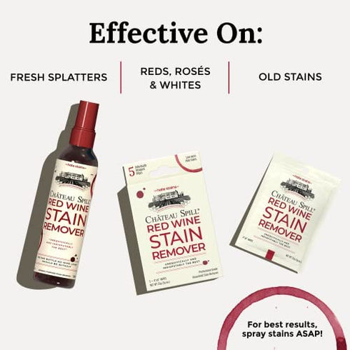 CHATEAU SPILL Red Wine Stain Remover for Clothes – 4oz Safe Stain Remover Spray for Stubborn Stains - Cleaner Wipes Away New and Set on Tablecloth, Garment, Carpet, Upholstery and Laundry