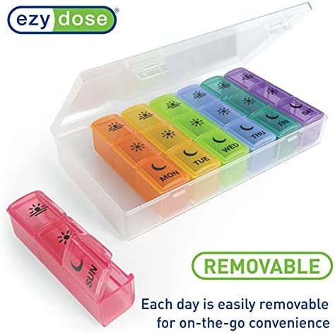 Ezy Dose Weekly (7-Day) Pill Organizer, Vitamin and Medicine Box, X-Large Pop-Out Compartments, 3 Times a Day, Rainbow Lids with Case