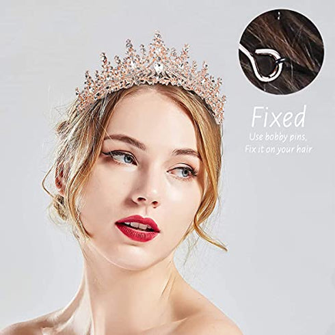 TOBATOBA Crystal Wedding Tiara for Women Rose Gold Crown for Women Royal Queen Crown Headband Metal Princess Tiara for Bride Quinceanera Headpieces for Birthday Prom Pageant Halloween Costume Cosplay