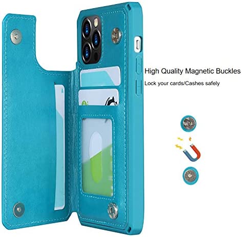 Jaorty iPhone 12 Pro Max Wallet Case with RFID Blocking Card Holder,Premium PU Leather Double Magnetic Buttons Stand Flip Wrist Lanyard Strap Back Cover for iPhone 12 Pro Max 6.5 Inch,Blue