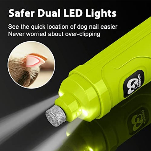 Casfuy Dog Nail Grinder with 2 LED Light - New Version 2-Speed Powerful Electric Pet Nail Trimmer Professional Quiet Painless Paws Grooming & Smoothing for Small Medium Large Dogs(Green)