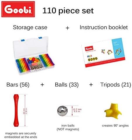 Goobi 110 Piece Magnetic Building Sticks Blocks Tiles Toy Magnet 3D Construction Set STEM Educational Toys for 3 4 5 6 7 8 Year Old Kids Boys Girls Adults with Storage Box and Instruction Guide