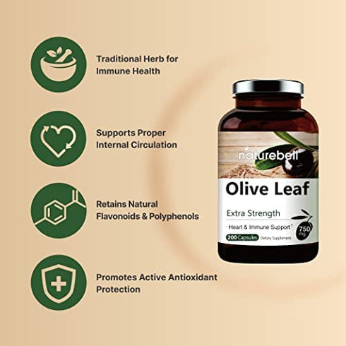 Olive Leaf Extract, 750mg Per Serving, Maximum Strength 20% Oleuropein, 200 Counts (200 Days Supply), Made with Olive Leaf for Immune and Internal Circulation Health Support, Non-GMO