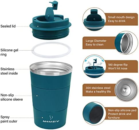 MOMSIV 12oz Travel Mug, Insulated Coffee Cup with Leakproof Lid, Travel Coffee Mug Vacuum Stainless Steel Double Walled Reusable Coffee Cup for Hot and Cold Water Coffee(Blue - 380ml)
