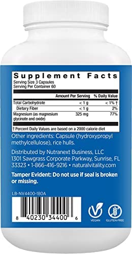 Natural Vitality Calm Magnesium Glycinate Supplement, Magnesium Supports Bone, Muscle, Heart, & Nerve Health, Supports a Balanced Mood, Non-GMO, Vegan, Gluten Free 180ct Capsules