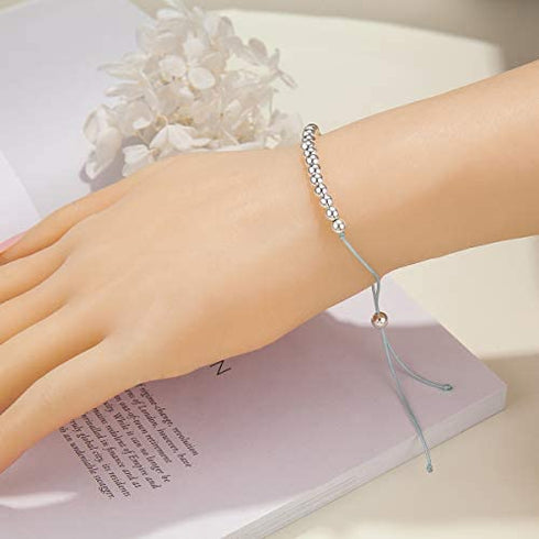 Happy 13 Year Old Gifts for Girls - Sterling Silver Bead Bracelet for 13th Birthday Gift, Adjustable Jewelry 7" - 9" Cord