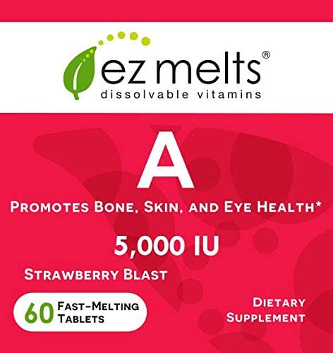 EZ Melts A as Retinol, 5,000 IU, Immune Support, Sublingual Vitamins, Vegan, Zero Sugar, Natural Strawberry Flavor, 60 Fast Dissolve Tablets