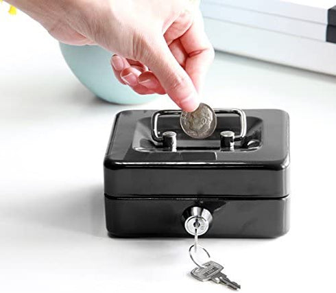 Small Cash Box with Lock and Slot - Jssmst Metal Coin Bank Piggy Bank for Adults and Kids, Black(SMCB0301N)