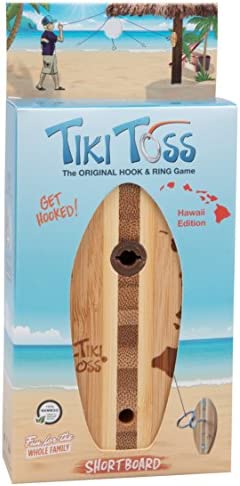 Tiki Toss Hook and Ring Toss Game for Adults & Kids - Surfboard Edition - Short Board with String and Hooks to Play Indoor and Outdoor Games