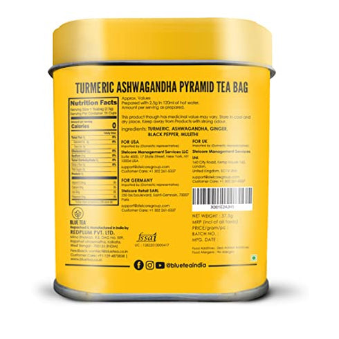 BLUE TEA - Turmeric Ashwagandha Tea Bags - 15 TB || INDIAN SUPERFOOD || Turmeric Tea - High in Curcumin - Caffeine Free Herbal Tea | Plastic-Free | Non-GMO| Premium Tin Pack |