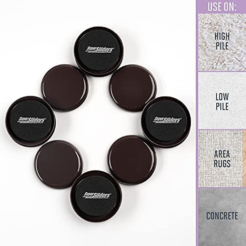 Super Sliders 2 1/2" Round Reusable Furniture Sliders for Carpet - Effortless Moving and Surface Protection, Brown (8 Pack)