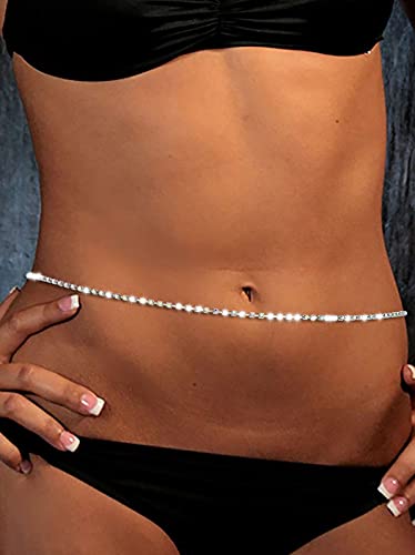 Sethain Rhinestone Body Chain Gold Shiny Crystal Belly Waist Chains Stomach Chain Body Jewelry Accessories for Women and Girls (Silver)