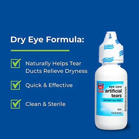 Rite Aid Artificial Tears, Polyethylene Glycol Lubricant Eye Drops - 1 oz | Eye Lubricant Drops for Dry Eyes | Dry Eye Formula | Eye Care for Age-Related Dry Eyes | Replenishes Tears & Refreshes Eyes
