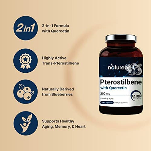 2 in 1 Formula Pterostilbene Quercetin Supplements, 200mg per Serving, 200 Capsules, Naturally Sourced from Wild Blueberry, Supports Healthy Aging, Longevity, Memory, Concentration and Cardio Health