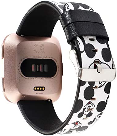 Sufcusny Cute Cartoon Leather Band Strap Lovely Style Wristband Bracelet Compatible with Fitbit Versa 2/Versa/Versa Lite/Versa SE, White/Black Mickey