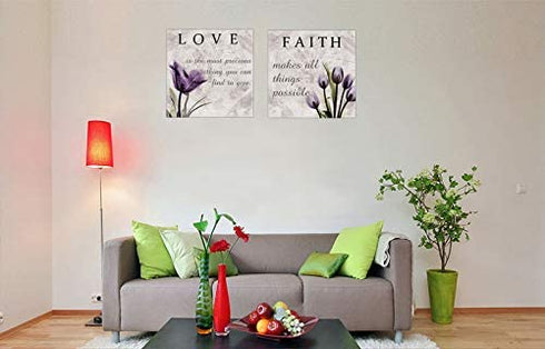 Faith Love Flowers Motivational Office Canvas Wall Art Pictures Painting -Inspirational Wall Art Canvas Prints Framed for Bathroom Home Bedroom Wall Decor-12"x12"x2pcs