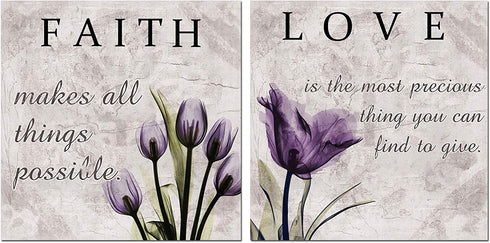 Faith Love Flowers Motivational Office Canvas Wall Art Pictures Painting -Inspirational Wall Art Canvas Prints Framed for Bathroom Home Bedroom Wall Decor-12"x12"x2pcs