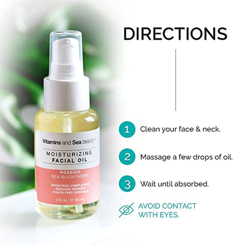 VITAMINS AND SEA BEAUTY Face Oil Day Moisturizer Hydrating Facial Oil Concentrate Gentle with Rosehip and Sea Buckthorn, All Skin Types, 2 Fl Oz
