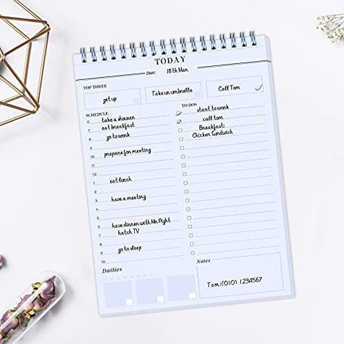 Daily Planner Notepads - A5 Scheduler, To Do List with Priorities, Notes, Meals and Water Intake Tracker, Spiral Daily Planning Pad with 52 Undated Agenda Tear-off Sheets, 6.5" x 9.8" ( Blue )