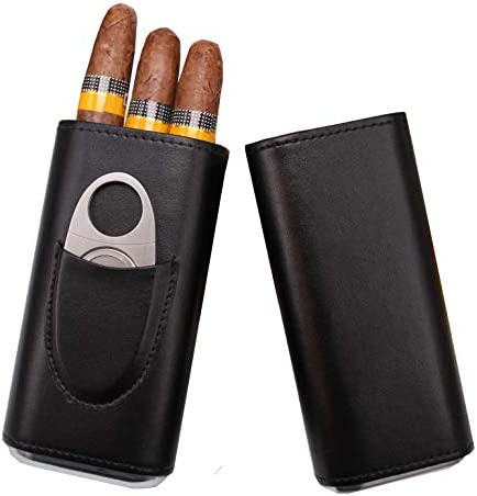 AMANCY Classic Black Leather 3 Fingers Cigar Case with Cedar Wood Lining ,Silver Stainless Steel Cutter Contained
