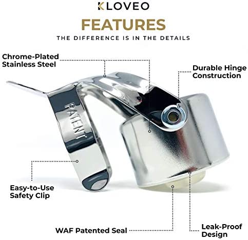 Champagne Stoppers by KLOVEO - Patented Seal (No Pressure Pump Needed) Made in Italy - Professional Grade WAF Champagne Bottle Stopper - Prosecco, Cava, and Sparkling Wine Stopper