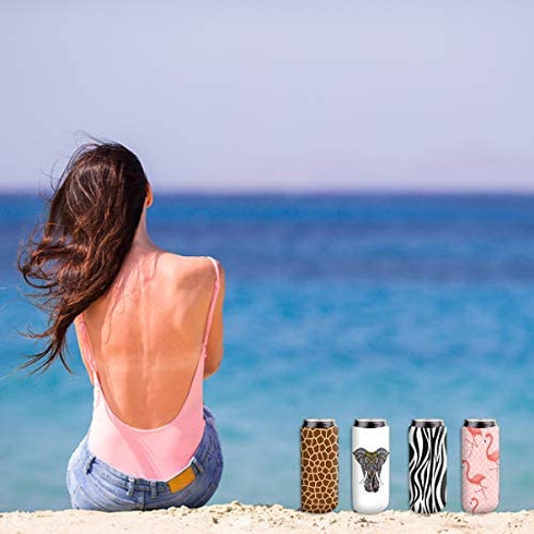 12oz Slim Can Cooler Sleeve,Fits for Michelob Ultra, Red Bull, White Claw- Neoprene Collapsible Slim 12oz Can Cooler (4, Animals)-Animals,Elephant, Flamingo, Deer, Zebra