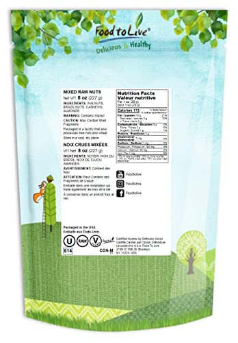 Mixed Raw Nuts, 8 Ounces - Cashews, Brazil Nuts, Walnuts, Almonds, Unsalted, Bulk