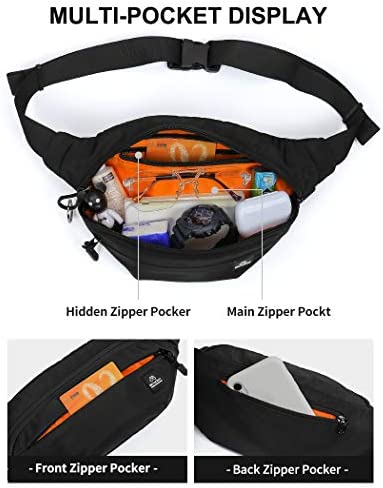 Black Large Fanny Pack for Men Women Plus Size Waist Waterproof, Gym Outdoor Fashion Belt Waist Bag Pack Pouch for Men with Zipper Adjustable Strap,Nylon