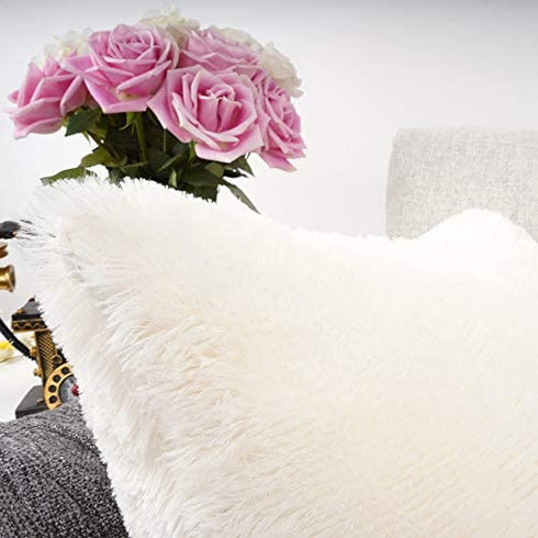 YOUR SMILE Pack of 2, Decorative Plush New Luxury Series Merino Style Faux Fur Throw Pillow Case Cushion Cover 18" x 18"(Ivory,White)