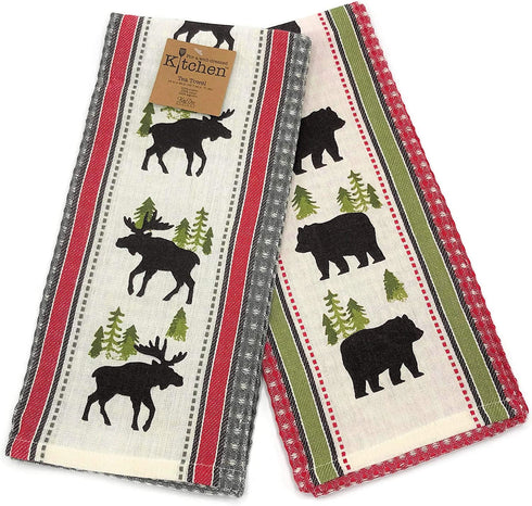 Kay Dee Designs Simple Living Moose & Bear Waffle Tea Towel Kitchen Dishtowel Set, Classic Flat Tea Towel Ideal for Drying Glassware and Everyday Kitchen Tasks