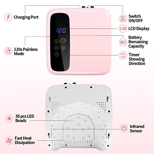 BETE Cordless Led Nail Lamp, Wireless Nail Dryer, 72W Rechargeable Led Nail Light, Portable Gel UV Led Nail Lamp with 4 Timer Setting Sensor and LCD Display, Professional Led Nail Lamp for Gel Polish