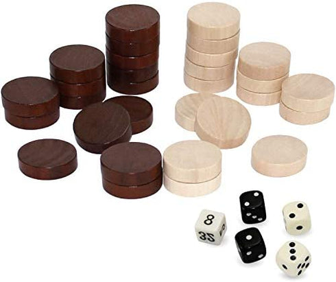 ASNEY Wooden Backgammon Pieces, Solid Wood Checker Pieces Set Board Game Table Chips and 5 Dices, Includes Storage Bag (1.34")