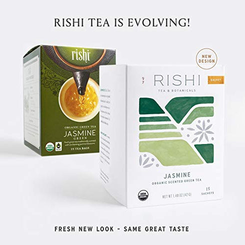 Rishi Tea Jasmine Green Herbal Tea | Organic, Caffeinated, Green Tea Scented, Floral Aroma & Taste | 15 Sachet Bags, 1.48 oz (Pack of 1)