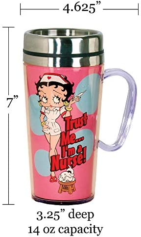 Spoontiques - Insulated Travel Mug - Betty Boop Nurse Coffee Cup - Coffee Lovers Gift - Funny Coffee Mug - 15 oz - Pink