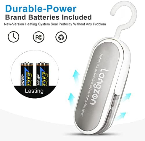 2-in-1 Bag Sealer, longzon Mini Handheld Vacuum Portable Sealer with Hook, Chip Snack Plastic Bag Heat Sealer and Cutter, Resealer Machine Keep Food Fresh, Quenta Sellador De Bolsas,Powerful Batteries