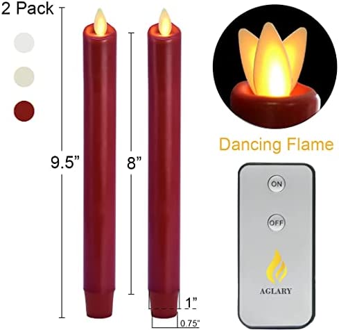 AGLARY Flameless Flickering Wick Taper Candle, LED Battery Operated Candles with Timer and Remote, 8" Set of 2 Burgundy