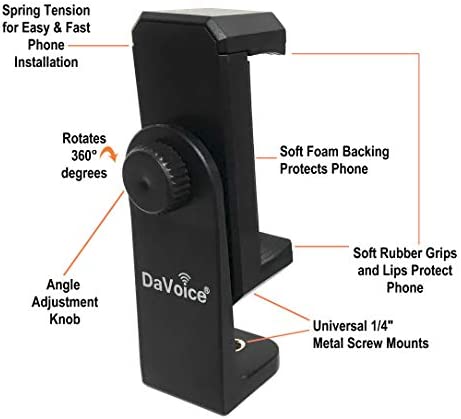 DaVoice Tripod Phone Mount Adapter, 360 Rotating Holder, Compatible with iPhone Smartphone Camera Stand, Universal Cell Phone Attachment Clip Clamp