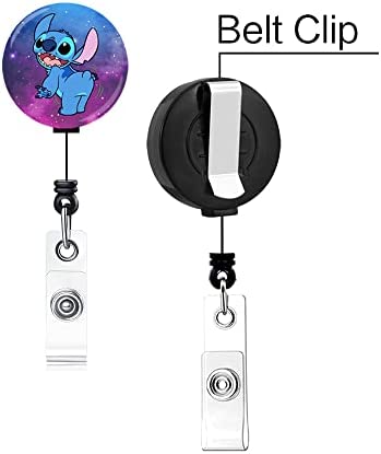 Qinsuee Cute Stitch Retractable Badge Holder,4 Pack Cartoon Id Badge Reel Belt Clip for Women Teacher Worker Nurse