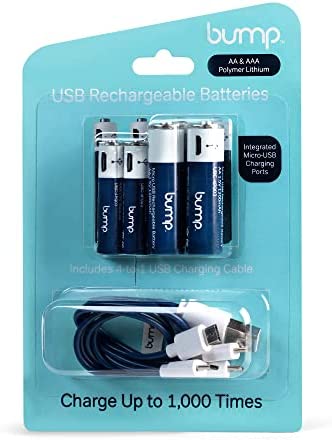 BUMP 2 AA + 2 AAA Rechargeable Batteries – Battery 4 Pack - Lithium Polymer, High Output, Fast & Long Lasting USB-C Charge, Use w/Remote Control, Toys, Keyboards, Charger Cable Included