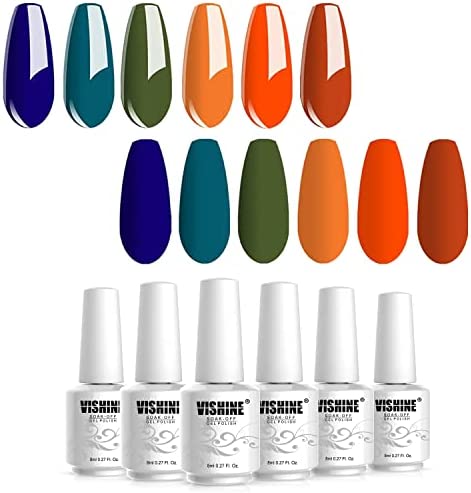 Vishine Gel Polish 6 Colours Soak Off UV LED Nail Art Manicure DIY Salon Gift Set Starter Kit Fall Color Orange Olive Green Colour Series 8ML