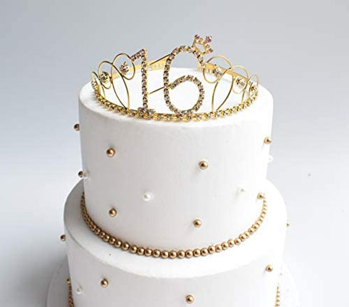 16th Birthday Tiara and Sash, Glitter Satin Sash"Sweet 16" and Gold Crystal Rhinestone Birthday Crown for Happy 16th Birthday Party Supplies Decorations Birthday Cake Topper