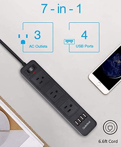 2 Prong Power Strip, Surge Protector 2 Prong with 3AC Outlets and 4 USB Charging Ports, 6.6ft Long 2 Prong to 3 Prong Extension Cord for Smartphone Home Office Desktop, Black